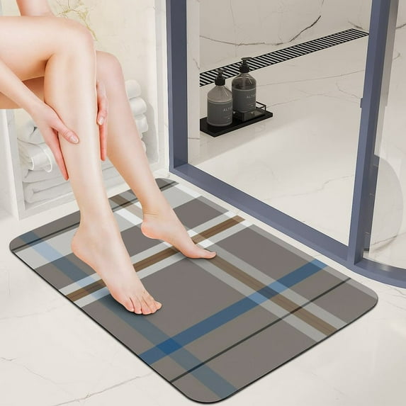 Plaid Brown And Blue Super Absorbent Diatom Mud Bath Mat 60x90cm Non Slip Quick Dry Bathroom Floor Mat, Soft Water Absorbent Rug for Bathroom, Bedroom, Vanity, And Guest Room
