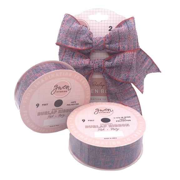 Plaid Burlap Bows and Ribbon, 2-Pack 4" x 3" Bows, 6 Yards, Red and Navy by Gwen Studios