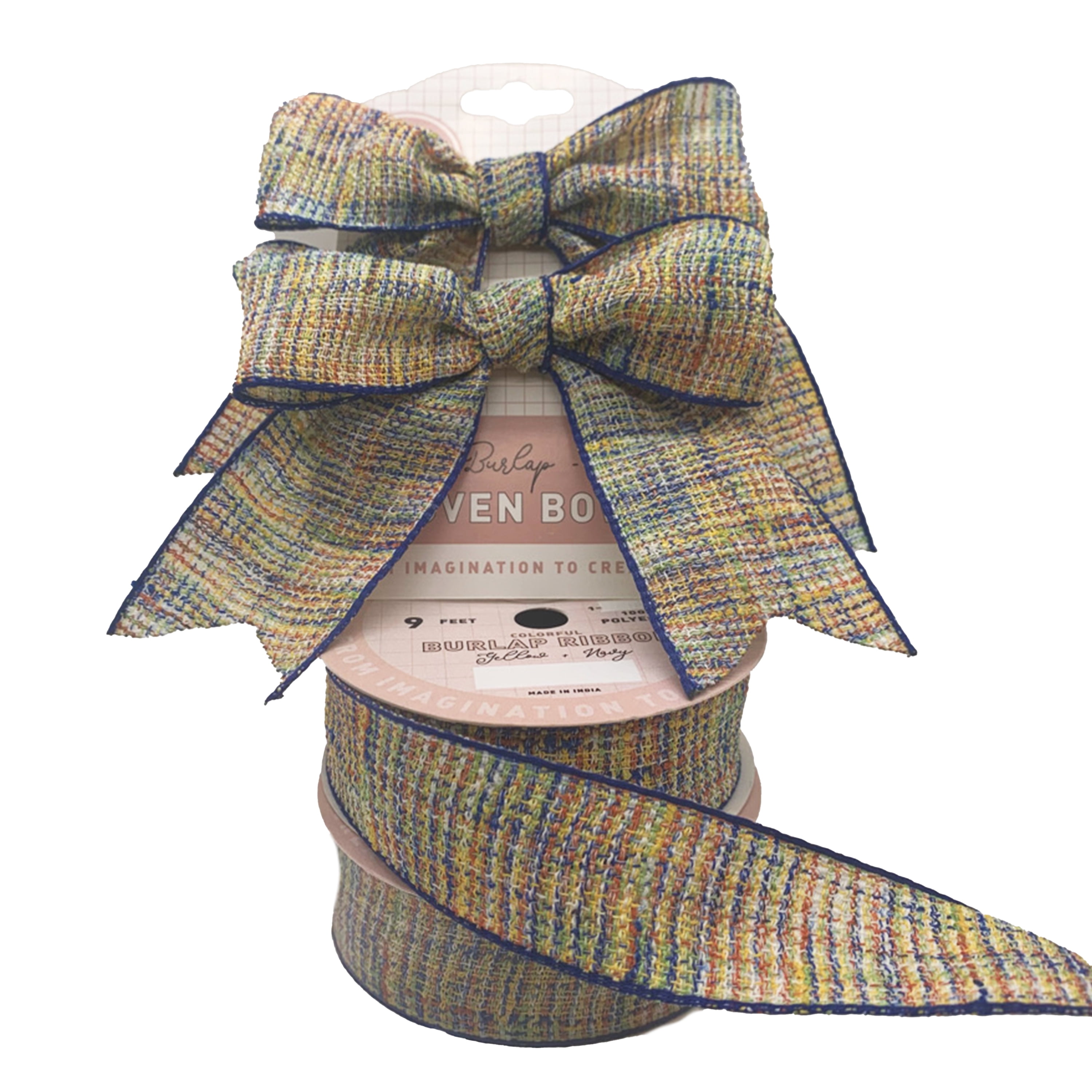 Gwen Studios Burlap Ribbon & Bows - 2 Bows 4 inch x 3 inch & 2 Spools of Ribbon 3 yds Each, Yellow & Navy Blue Plaid, Size: 4 inch x 3 inch Bow and 1
