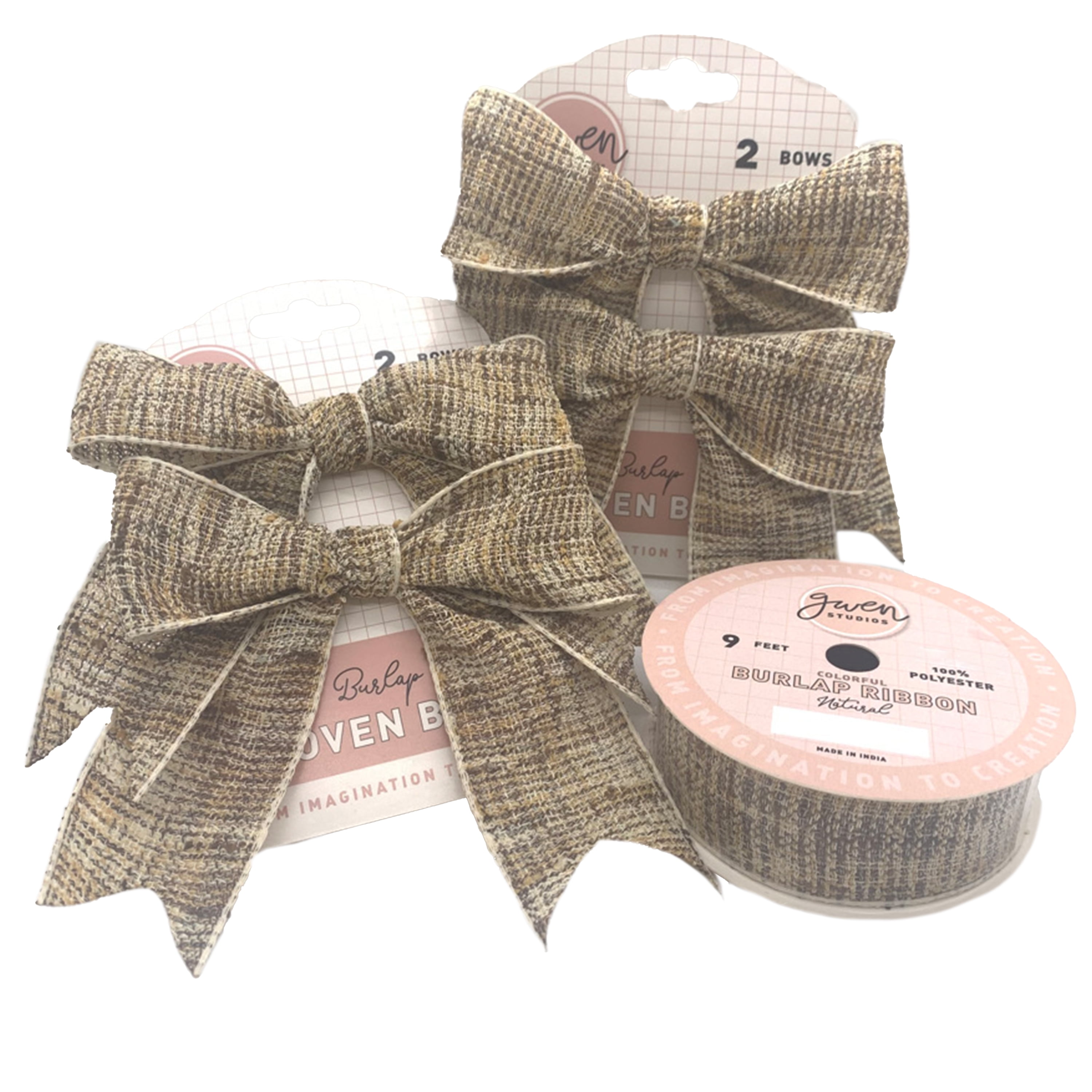 Gwen Studios Burlap Ribbon & Bows - 4 Bows 4 inch x 3 inch & 3 Yards of Ribbon, Natural Brown Plaid, Size: 4 inch x 3 inch Bows and 1 inch x 3 Yards