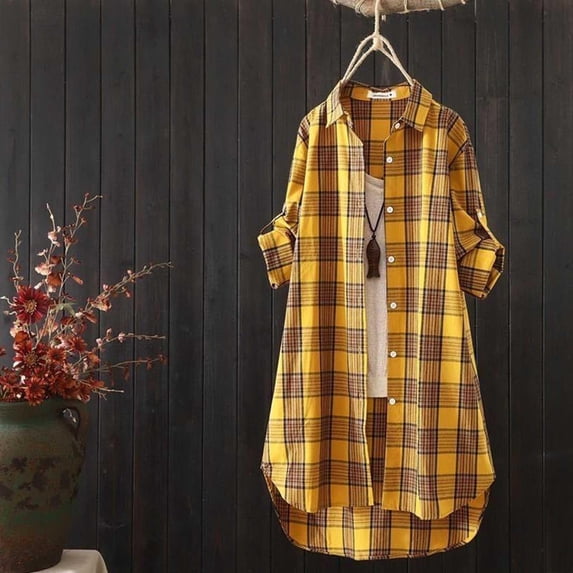 Plaid Button Down Shirts for Women Business Dressy Top Oversized Womens Jacket Womens Clothing Trendy 2026 Cute Soft Plaid Blouse Rolled Up Boyfriend Top Graphic Tees Street Office Daily Outfit L