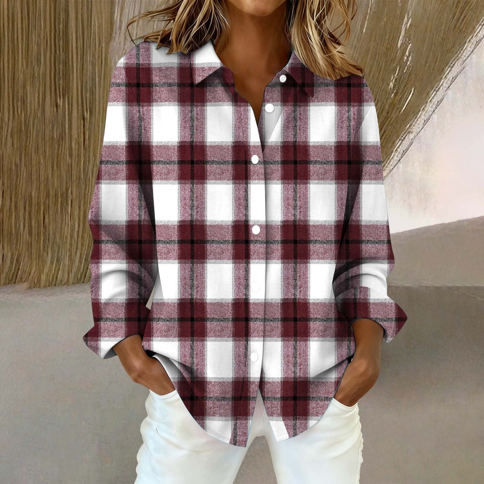 Plaid Button Down Shirts for Women Business Dressy Top V Neck Oversized ...