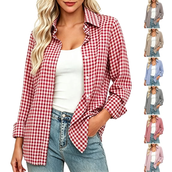 Plaid Button Down Shirts for Women Helii Loose Fit Tunic Blouse Classic Business Casual Top Collared Office Work Shirt for Fall Winter Layering 2026 New | Red,L