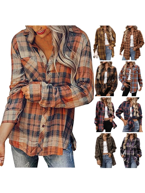 Plaid Button Down Shirts for Women's Plaid Cotton Blend Shacket Jackets Dressy Casual Long Sleeve Collared Business Tops Cute Fall Outfits Work Blouses xl Plaid Shirts