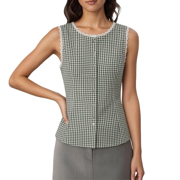 Plaid Button Tank Tops for Women Sleeveless Crew Neck Lace Vest Slim Fit Cotton Y2k Elegant Tops Casual Work Tops for Spring Summer(Green,XXL)