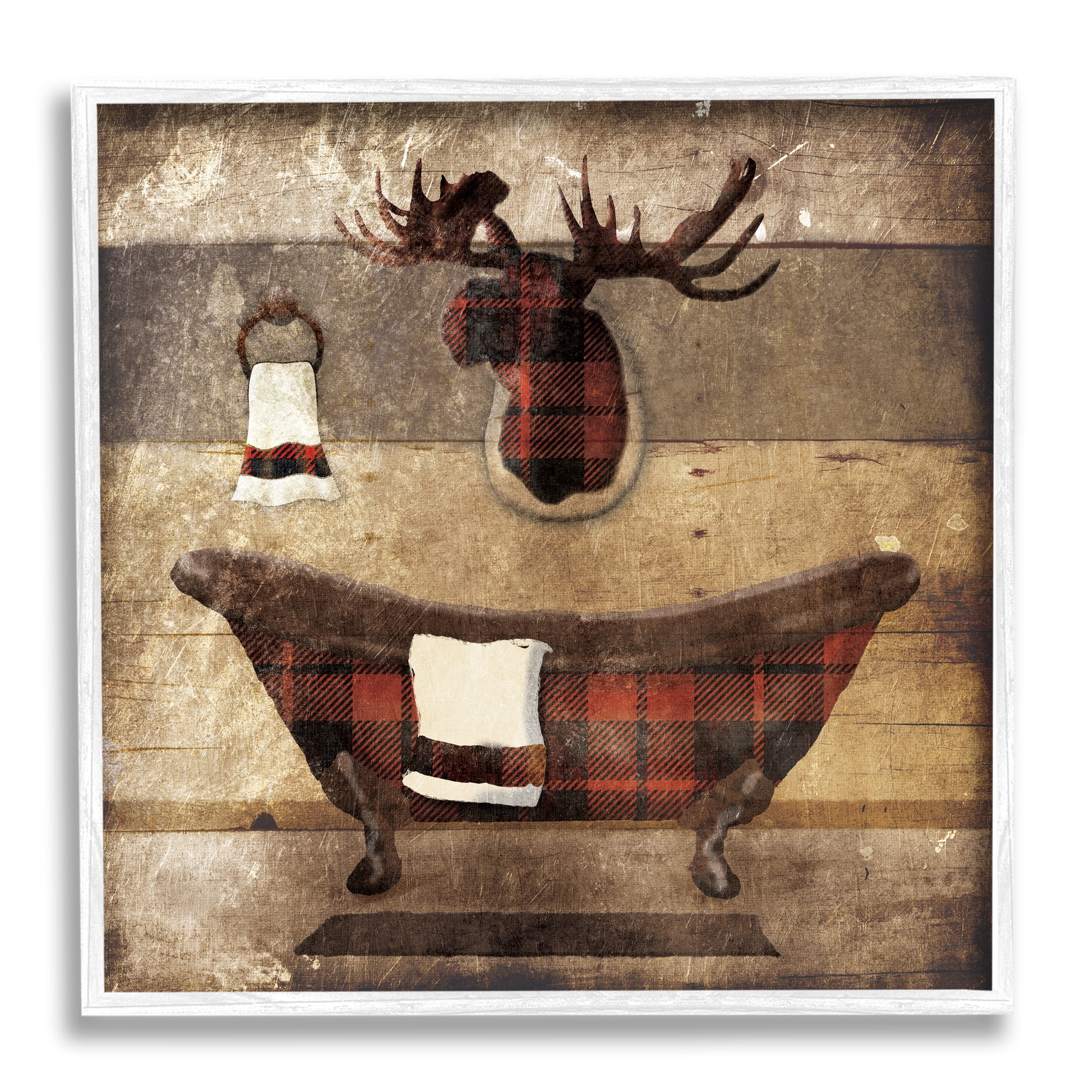 Plaid Cabin Bathroom Country Wood Textured Design Animals & Insects Framed Art Print Wall Art, 17x17