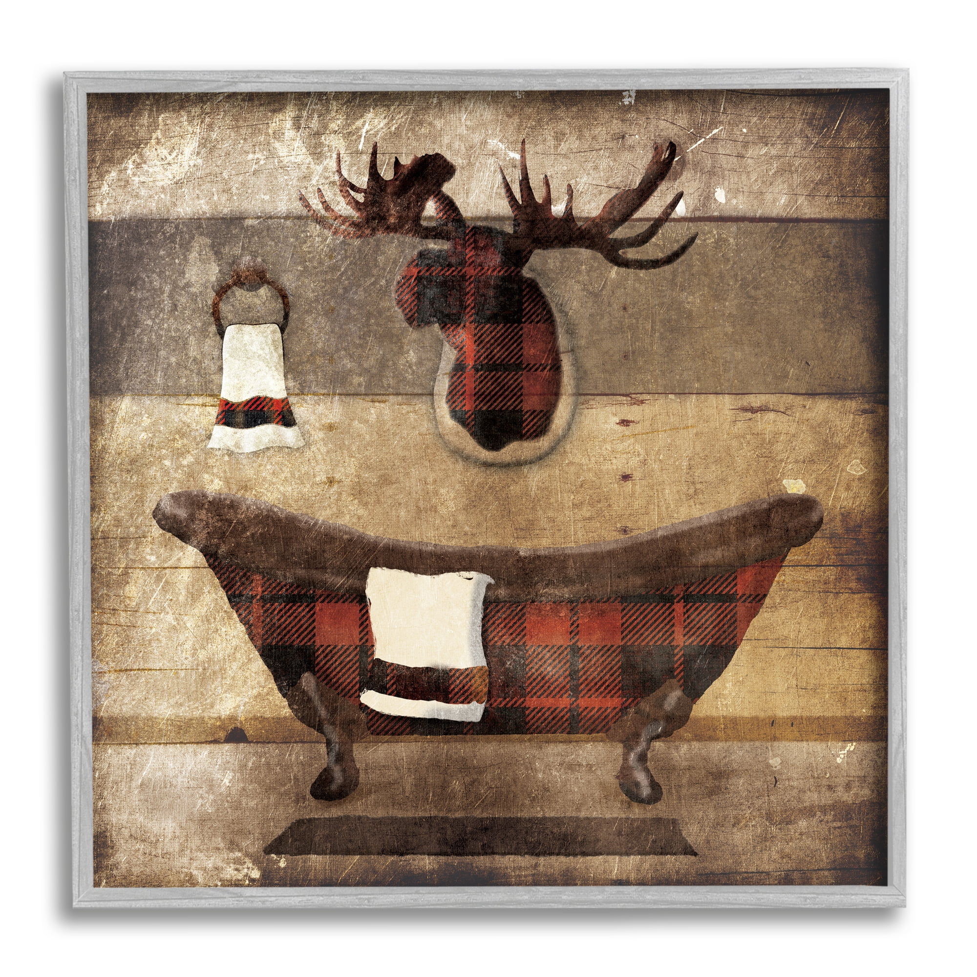 Plaid Cabin Bathroom Country Wood Textured Design Animals & Insects Framed Art Print Wall Art, 17x17