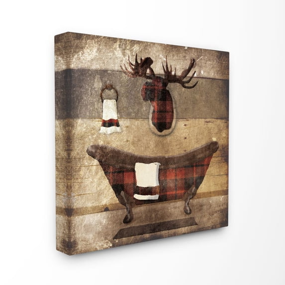 Plaid Cabin Bathroom Country Wood Textured Design Animals & Insects Gallery-Wrapped Canvas Print Wall Art, 17x17
