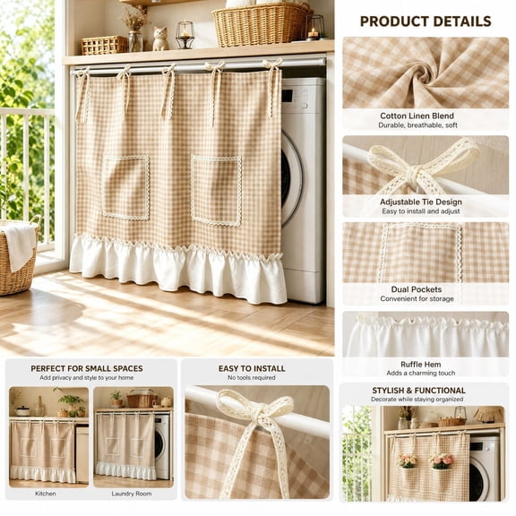 Plaid Cafe Short Curtain With Lace Rod Pocket Ruffled Tiers Decorative Curtain for Small Kitchen Cabinet Window Sink Laundry Room Bathroom Home Decor