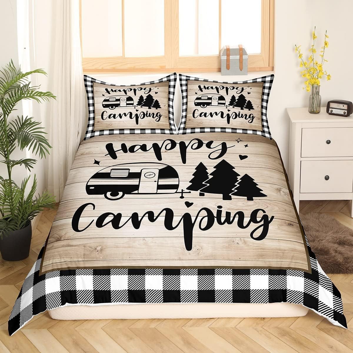 Girls Duvet Cover Set Queen, 3 Piece Rustic Farmhouse Plaid Camper , Pine Happy Camping Bedding Set Soft Breathable All Season for Teens and Kids