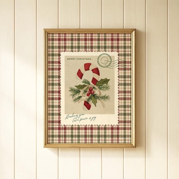 Plaid Candy Cane Stamp Print, Vintage Classic Ginghamwall Art, Cozy Country Cottage Decor, Home Decor #158, Unframed Canvas Size 16x24