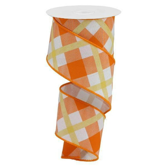 Plaid Canvas Wired Edge Ribbon, 10 Yards (White, Orange, Mustard, 2.5")