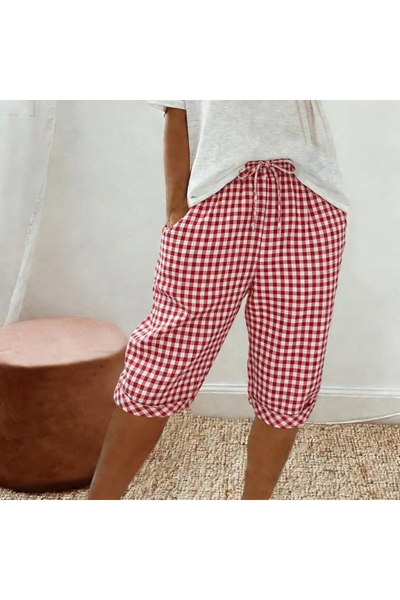 Plaid Capri Pants for Women Gingham Check Drawstring Waist Cropped Trousers Elastic Band Summer Beach Bottoms Cuffed Hem Casual Lounge Pajamas
