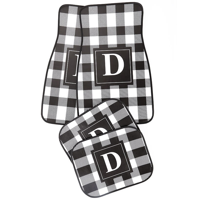 Black and White Plaid Monogram Car Mat Set - 4 Pieces