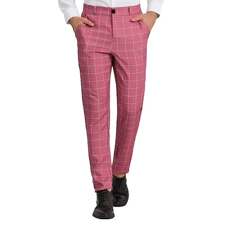 Plaid Cargo Pants for Men Pink Male Business Suit Trousers Solid Color Button Large Size Refreshing Comfortable Casual