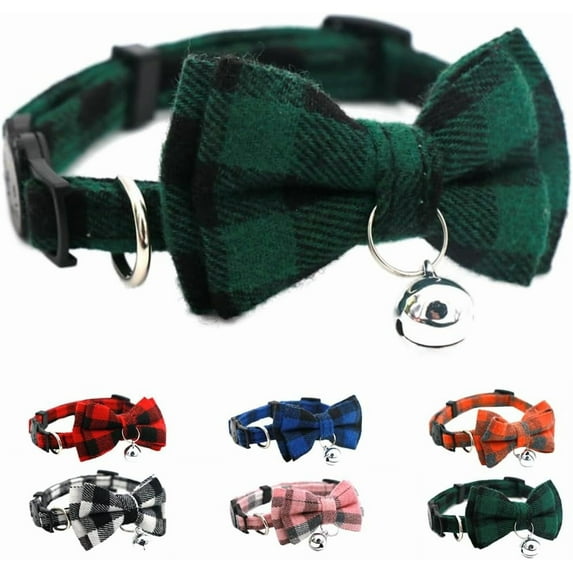 Plaid Cat Collar with Bell and Bow, Breakaway Kitten Collar Bowtie Puppy Collars for XXS Xs Small Little Tiny Pet Dogs Boy Girl, for Christmas Hoilday Birthday Party