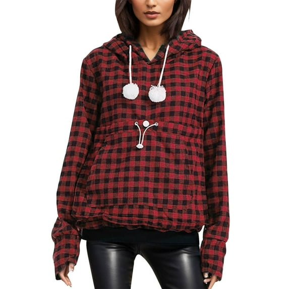 Plaid Cat Dog Pouch Hoodie for Women Oversize Pet Carrier Kangaroo Pouch Hooded Sweatshirts Large Pocket Pullover Shirts