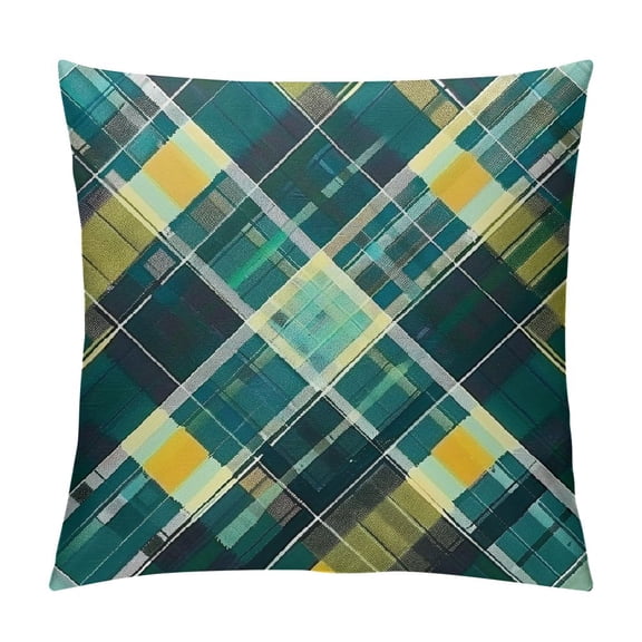 Plaid Check Patten Linen Throw Pillow Case Teal Green, Robin Egg Blue and Mustard Yellow Pillow Cushion Cover Home Sofa Decorative