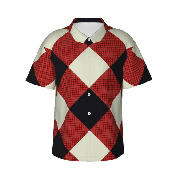 Plaid Check Pattern In Red Men's 3d Print Casual Button Down Shirts, Novelty Hawaiian Short Sleeves S