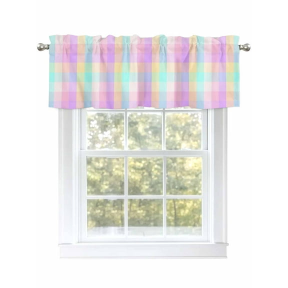 Plaid Check Valances for Windows, Rod Pocket Kitchen Valance Curtains - Soft & Washable Small Window Treatment for Living Room,&nbsp;Bathroom, Rainbow , 42x12 Inch, 1 Panel