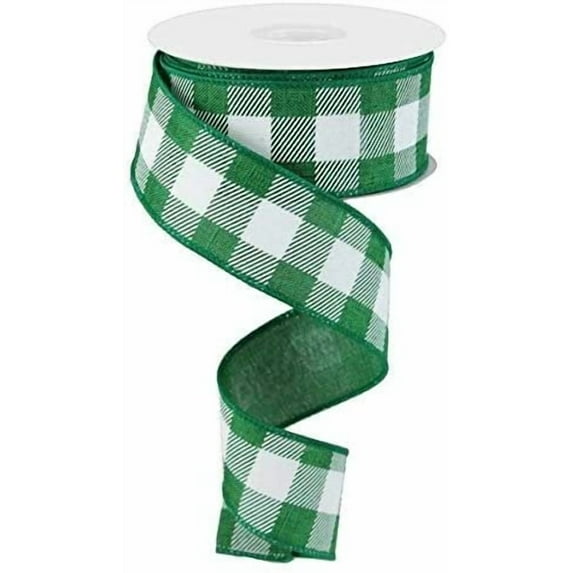 Plaid Check Wired Edge Ribbon - 10 Yards Emerald Green, White, 1.5 Inches