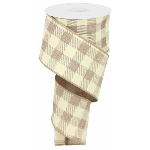 Plaid Check Wired Edge Ribbon - 10 Yards (Light Beige, Ivory, 2.5")