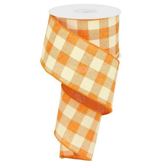 Plaid Check Wired Edge Ribbon - 10 Yards (Orange, Ivory, 2.5")