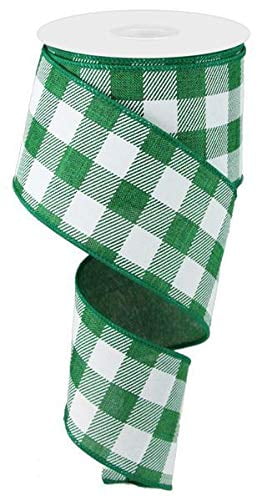 Plaid Check Wired Edge Ribbon - 50 Yards (Emerald Green, White, 2.5 Inches)