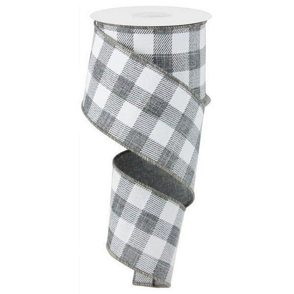 Plaid Check Wired Edge Ribbon, 50 Yards (Grey, White 2.5")