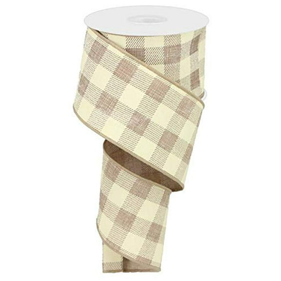 Plaid Check Wired Edge Ribbon, 50 Yards (Light Beige, Ivory 2.5")