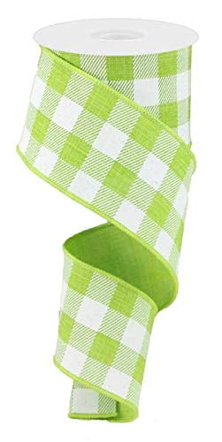 Plaid Check Wired Edge Ribbon, 50 Yards (Lime Green, White 2.5")
