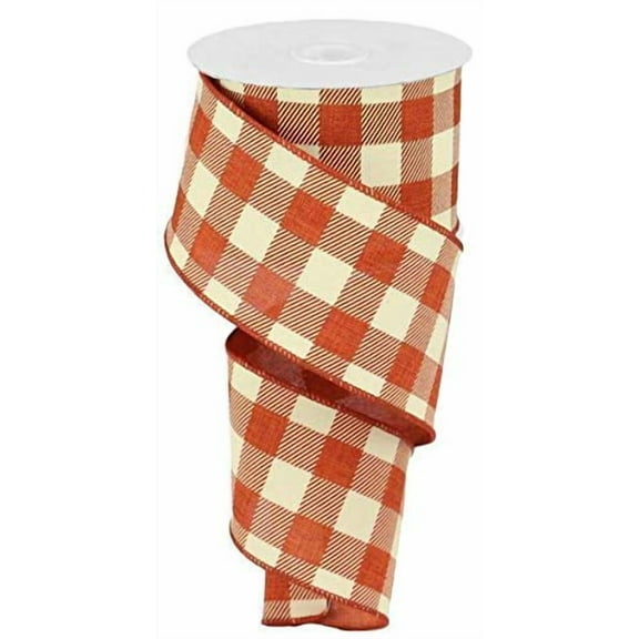 Plaid Check Wired Edge Ribbon, 50 Yards (Rust, Ivory 2.5")