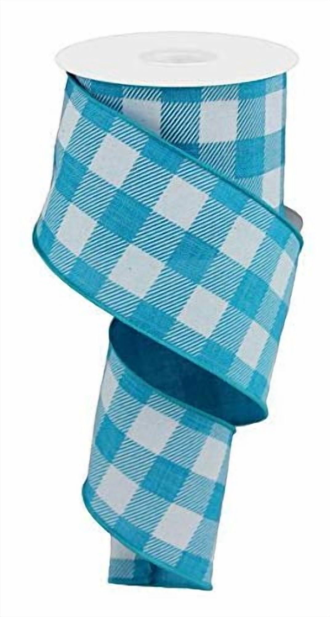Plaid Check Wired Edge Ribbon, 50 Yards (Turquoise Blue, White 2.5")
