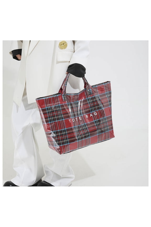 Plaid Checked Tote Bag for Women,18.5x13.4" Glossy Zipper Print Tote Bag For Commute Travel,Waterproof Kraft Paper Travel Shoulder Bag,Shopping Handbag Plastic Shoulder Bag