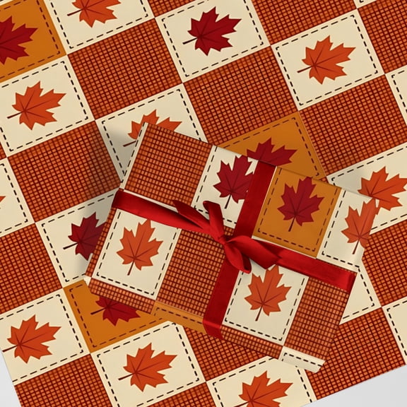 Plaid Checkerboard Maple Leaf Wrapping Paper, Autumn Grid Print Gift Wrap for Thanksgiving Holiday Birthday Packaging