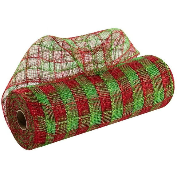 Plaid Checkered Christmas Deco Mesh - 10 1/2" x 10 Yards, Red, Lime Green, Natural Jute, Christmas Tree Ribbon, Swag, Garland, Wreath, Gift Wrapping, Presents, Bows, Anniversary, Classroom, Office