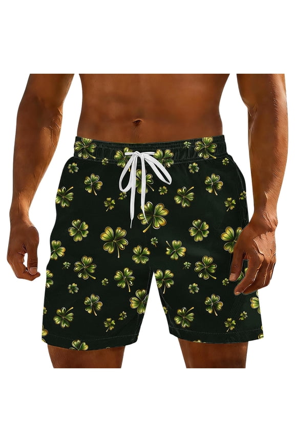 Plaid Checkered Clover Print Shorts for Men Quick-Dry Athletic Trunks Performance Beach Shorts Four Leaf Leaf Pattern Festive Casualwear