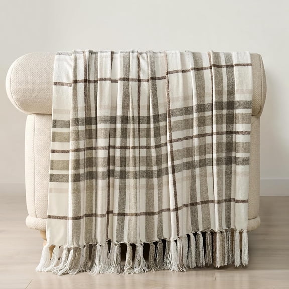 Plaid Chenille Throw Blanket, Super Soft Cozy Decorative Farmhouse Plaid with Tassels, Lightweight Chenille Knit for Bed Sofa, Beige