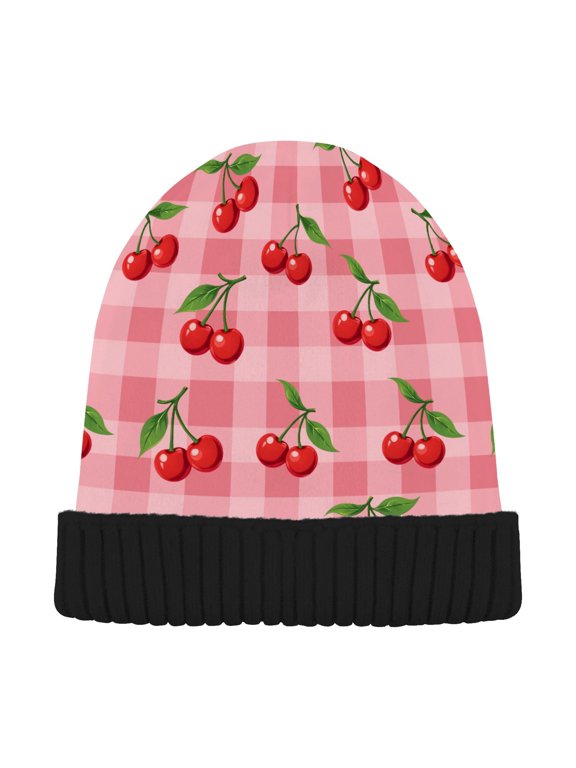 Plaid Cherry Beanie Hat Unisex Warm Winter Hat Cap For Women Men Winter Running