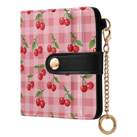 Plaid Cherry Small Wallet for Women RFID Blocking Bifold PU Leather Credit Card Holder with Zipper Coin Pocket Compact Cute Travel Purse Magnetic Snap 7 Card Slots