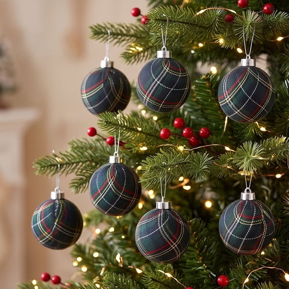 Plaid Christmas Ball Ornaments Set, 9 Pack 8Cm Fabric Wrapped Shatterproof Baubles for Christmas Tree Decorations, Holiday Mantel Wreath Garlands Home Decor, Green