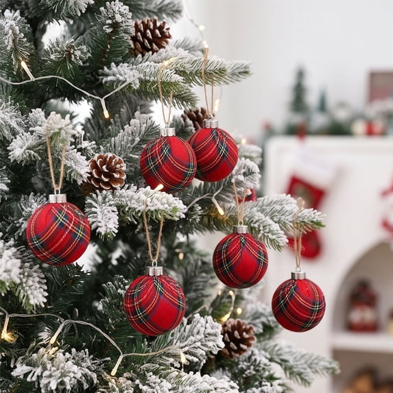 Plaid Christmas Ball Ornaments Set, 9 Pack 8Cm Fabric Wrapped Shatterproof Baubles for Christmas Tree Decorations, Holiday Mantel Wreath Garlands Home Decor, Red