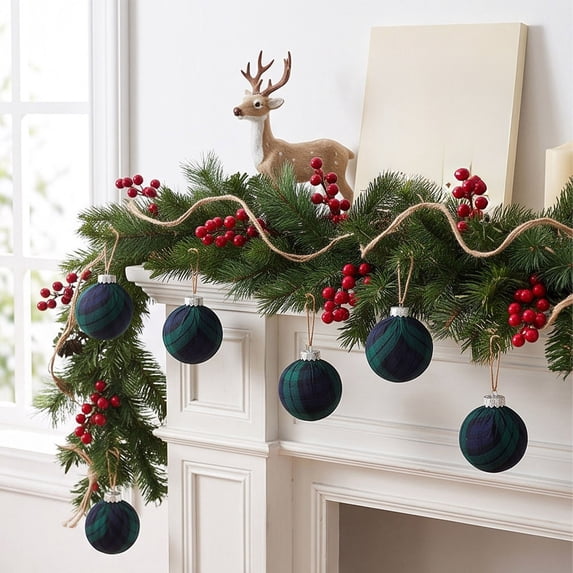 Plaid Christmas Ball Ornaments Set, Plastic Fabric Wrapped Baubles for Tree, Mantel and Wreath Decor