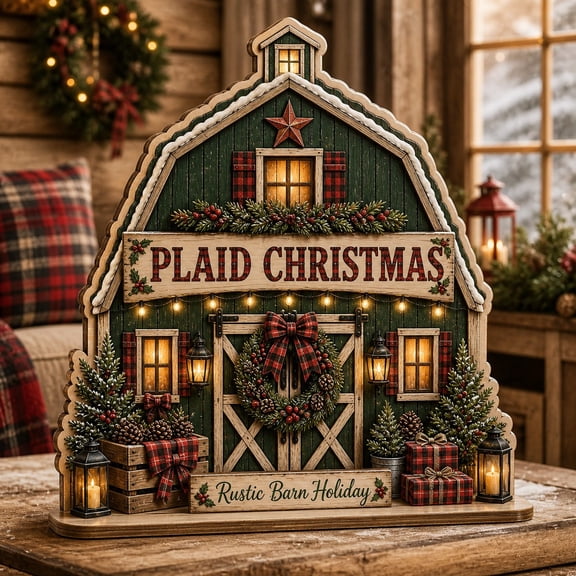 Plaid Christmas Barn Wooden Block Tabletop Display for Rustic Holiday Decor