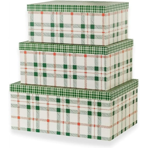 Plaid Christmas Gift Box - Set of 3: Holiday Decor Storage Box, Decorative Photo Storage, Keepsake Boxes with Lids, Nesting Cardboard Containers for Presents, Seasonal Dcor Bins
