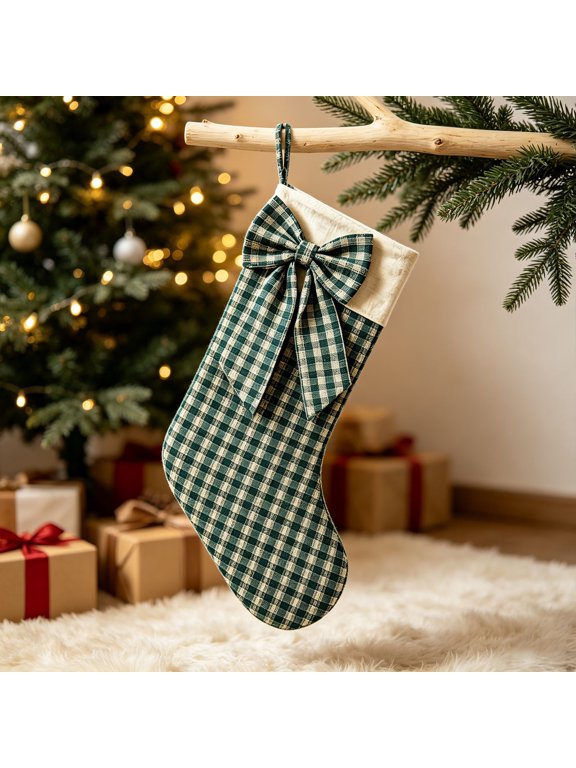 Plaid Christmas Stocking, 18.11 in Farmhouse Bow Holiday Stocking with Hanging Loop for Fireplace Mantel, Green, YDYB