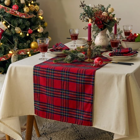 Plaid Christmas Table Runner, Winter Holiday Snowflake Table Runners, Xmas Decorations Indoor Outdoor Farmhouse Home Kitchen Dining Party Decor