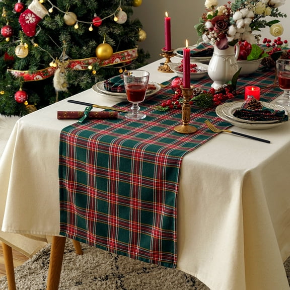 Plaid Christmas Table Runner, Winter Holiday Snowflake Table Runners, Xmas Decorations Indoor Outdoor Farmhouse Home Kitchen Dining Party Decor