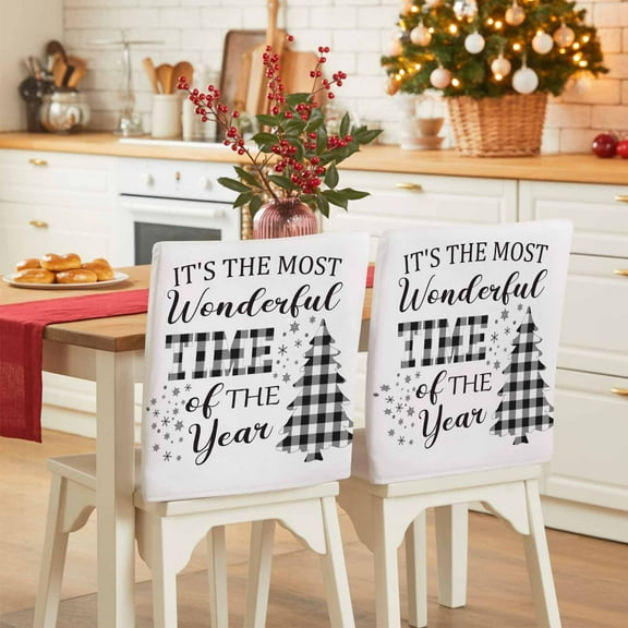Plaid Christmas Tree Chair Covers Set of 1 It's The Most Wonderful Time of The Year Chair Back Covers Stretch Removable Washable Slipcovers Protector for Dining Room Kitchen Party Decor