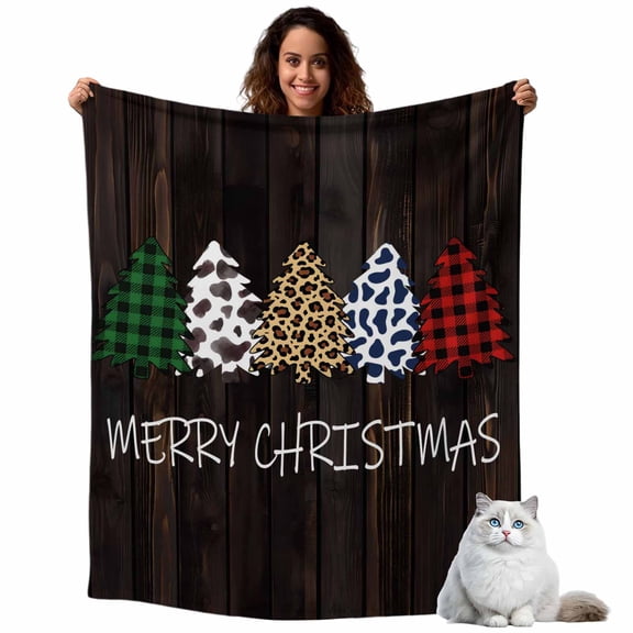 Plaid Christmas Tree Fleece Throw Blanket Lightweight Cow Leopard Check Xmas Tree Wood Grain Fuzzy Flannel Throws Super Soft Cozy Flannel Blanket for Couch, Sofa, Bed, Travel 40"x50"